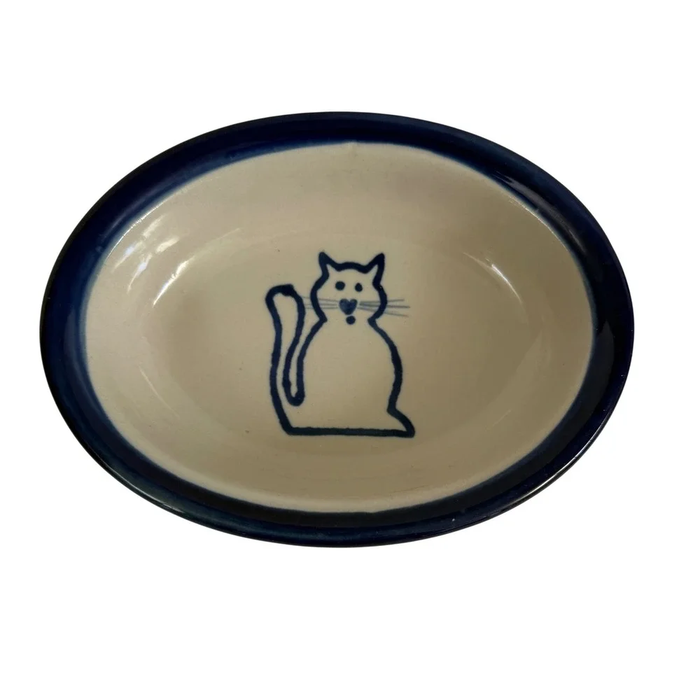Boots &‎ Barkley Hand Painted Stoneware Cat Food Bowl Blue Fish Oval 6.5